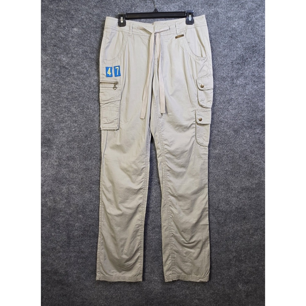 Vtg Luxirie Pants Womens L Beige Khaki Lightweight Cargo Tie Front Patches Y2K